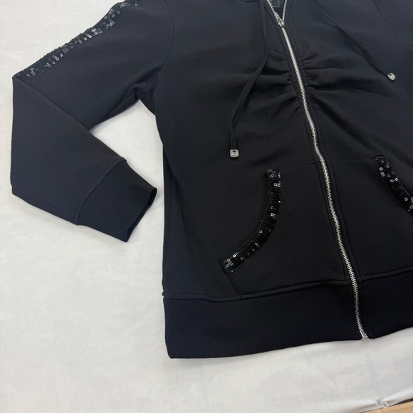 Seven7 Hoodie Womens 14/16 Black Sequin Detail Ruched Front Long Sleeve Full Zip - Picture 5 of 11